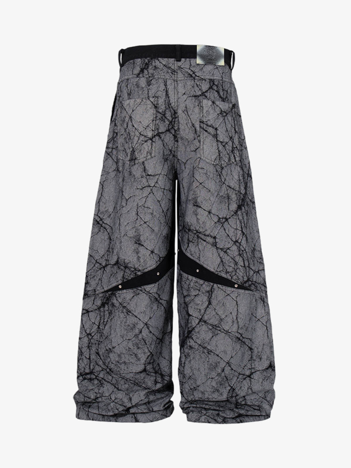 Crackle Print Panel Studded Pleated Denim Jeans