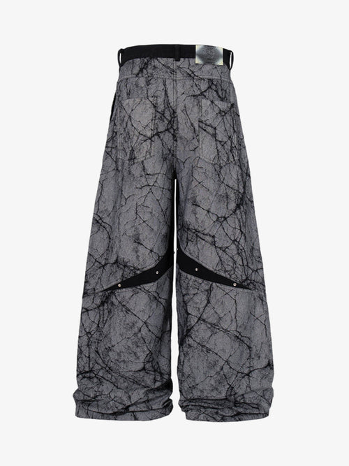 Crackle Print Panel Studded Pleated Denim Jeans
