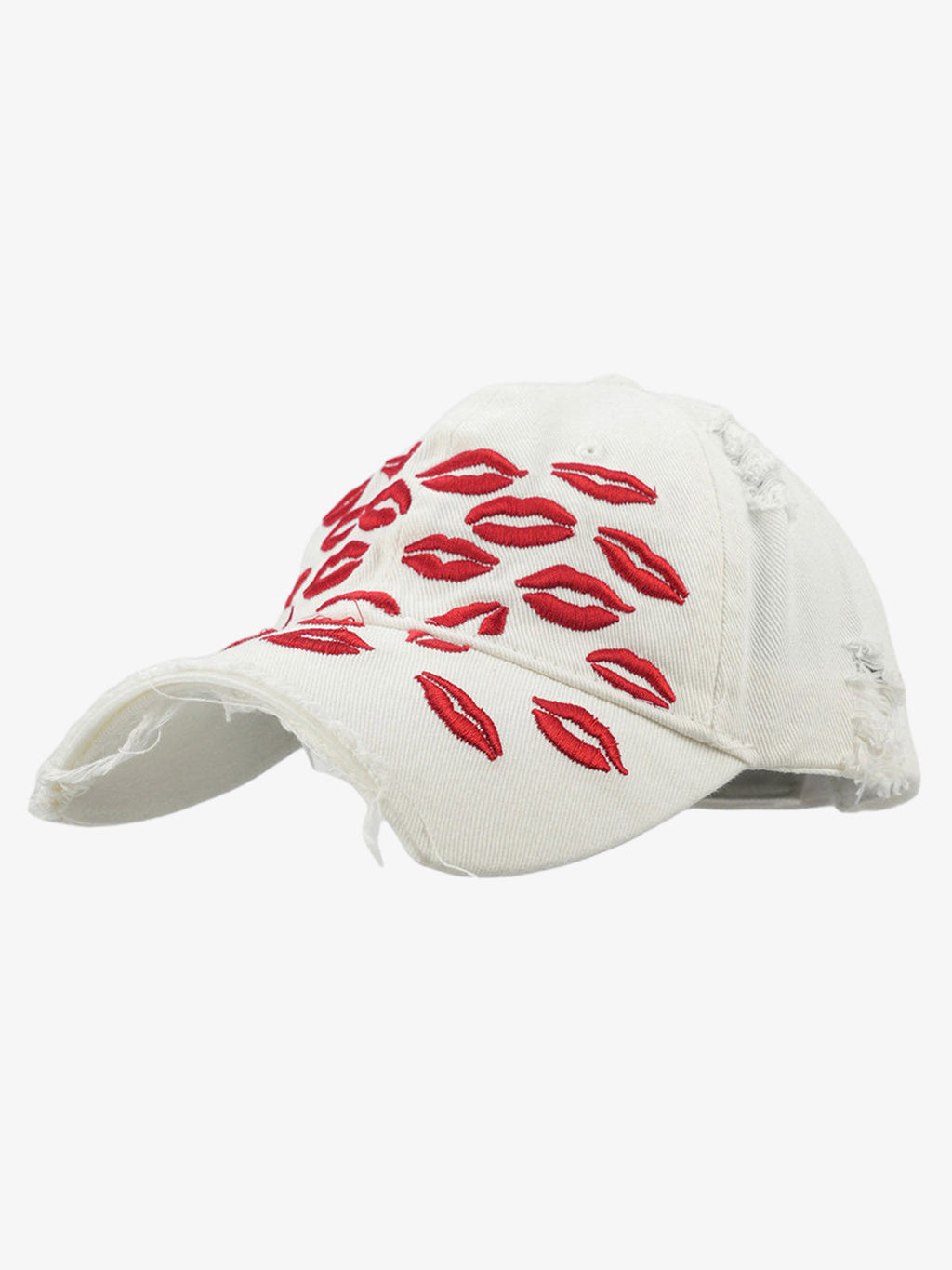 Red Lip Embroidery Distressed Baseball Cap