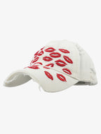Red Lip Embroidery Distressed Baseball Cap