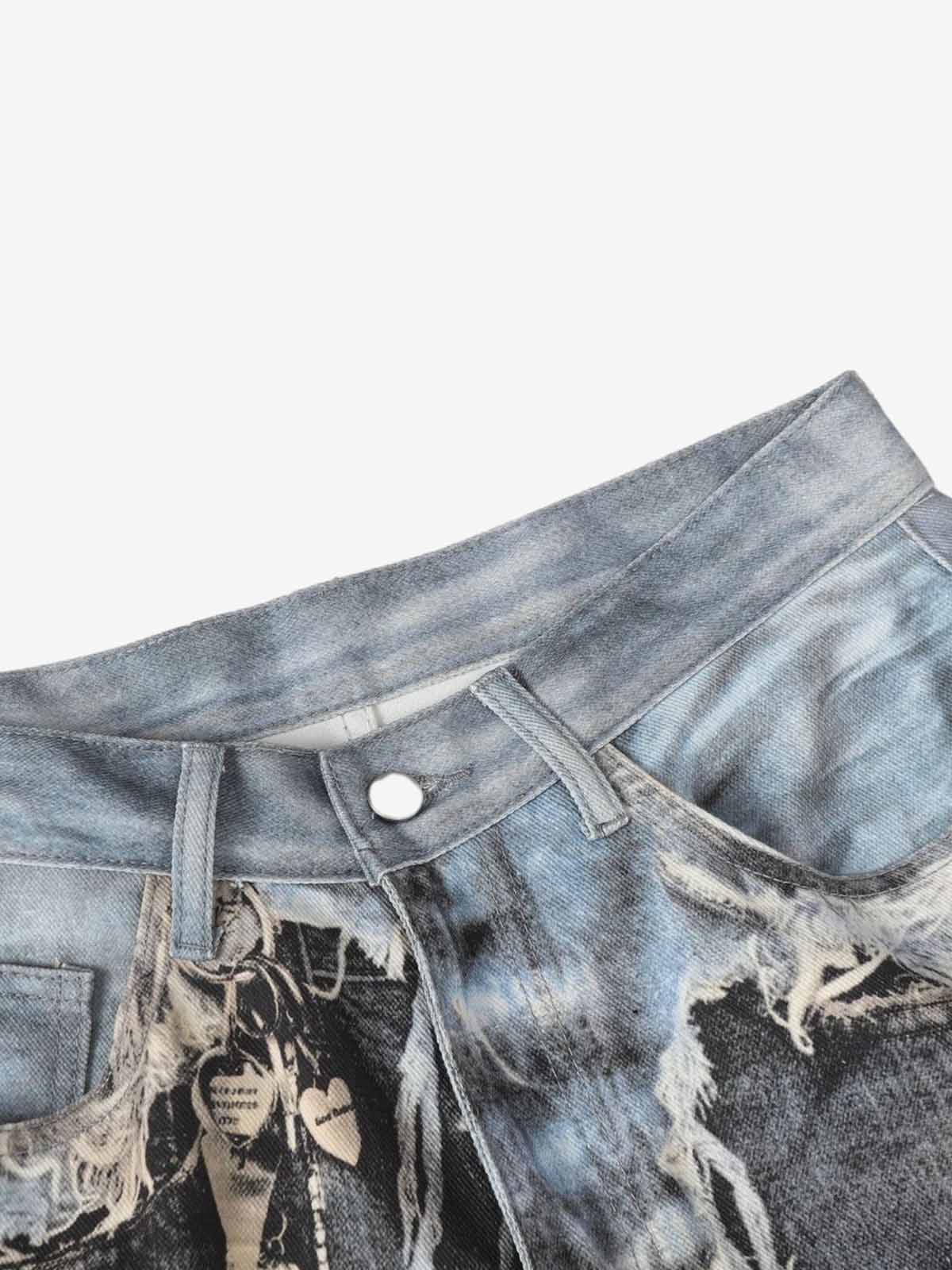 Distressed Patchwork Wide Leg Washed Denim Jeans
