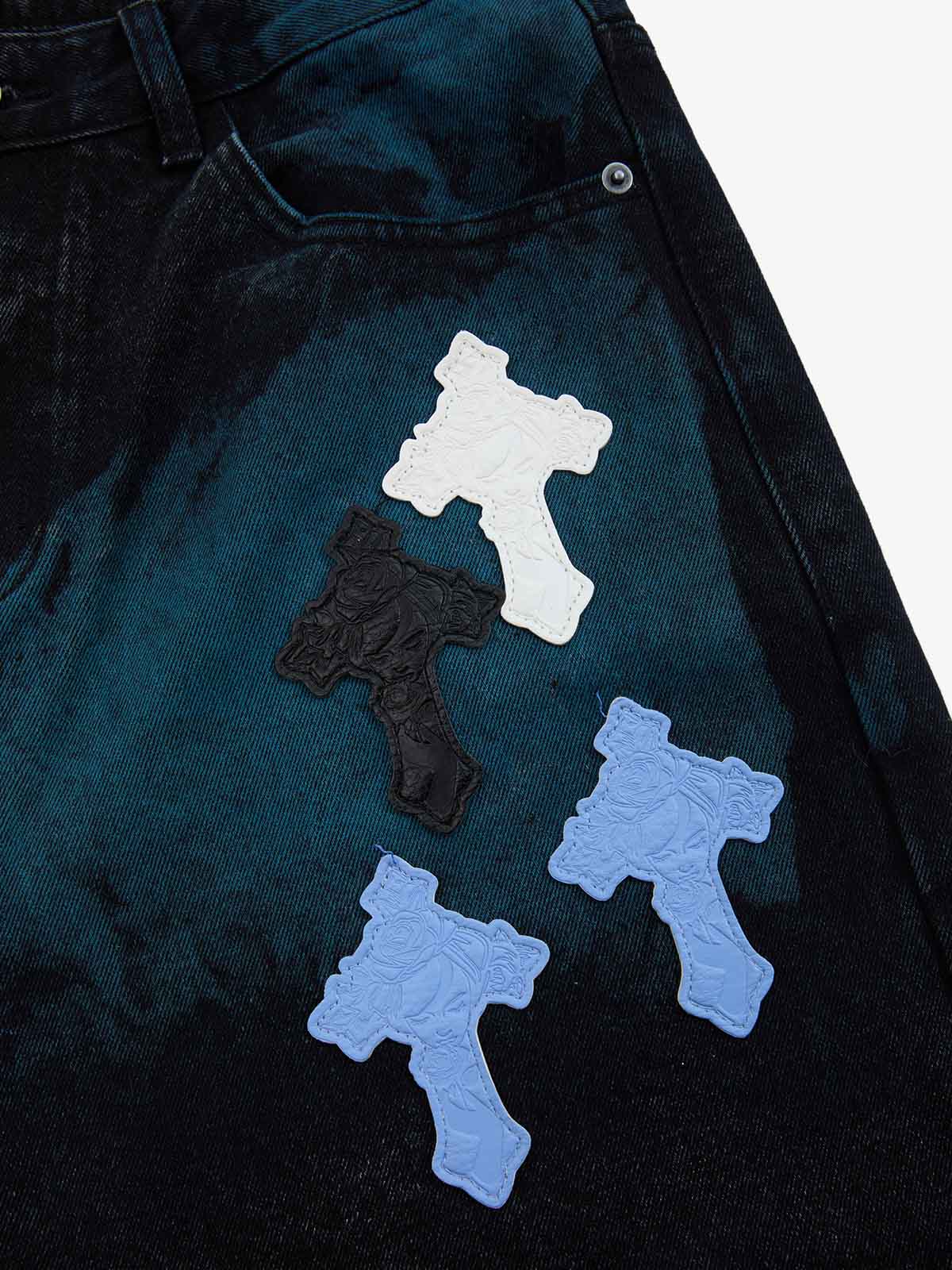 Smoke Fade Wash Cross Patch Baggy Denim Jeans