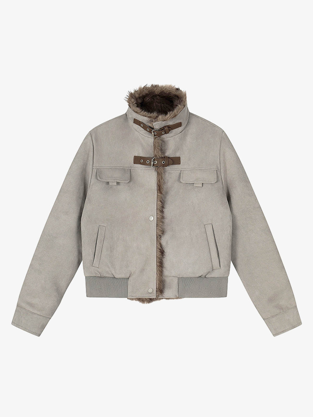 Vintage Suede Faux Fur Lined Buckle Bomber Jacket