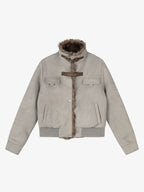 Vintage Suede Faux Fur Lined Buckle Bomber Jacket