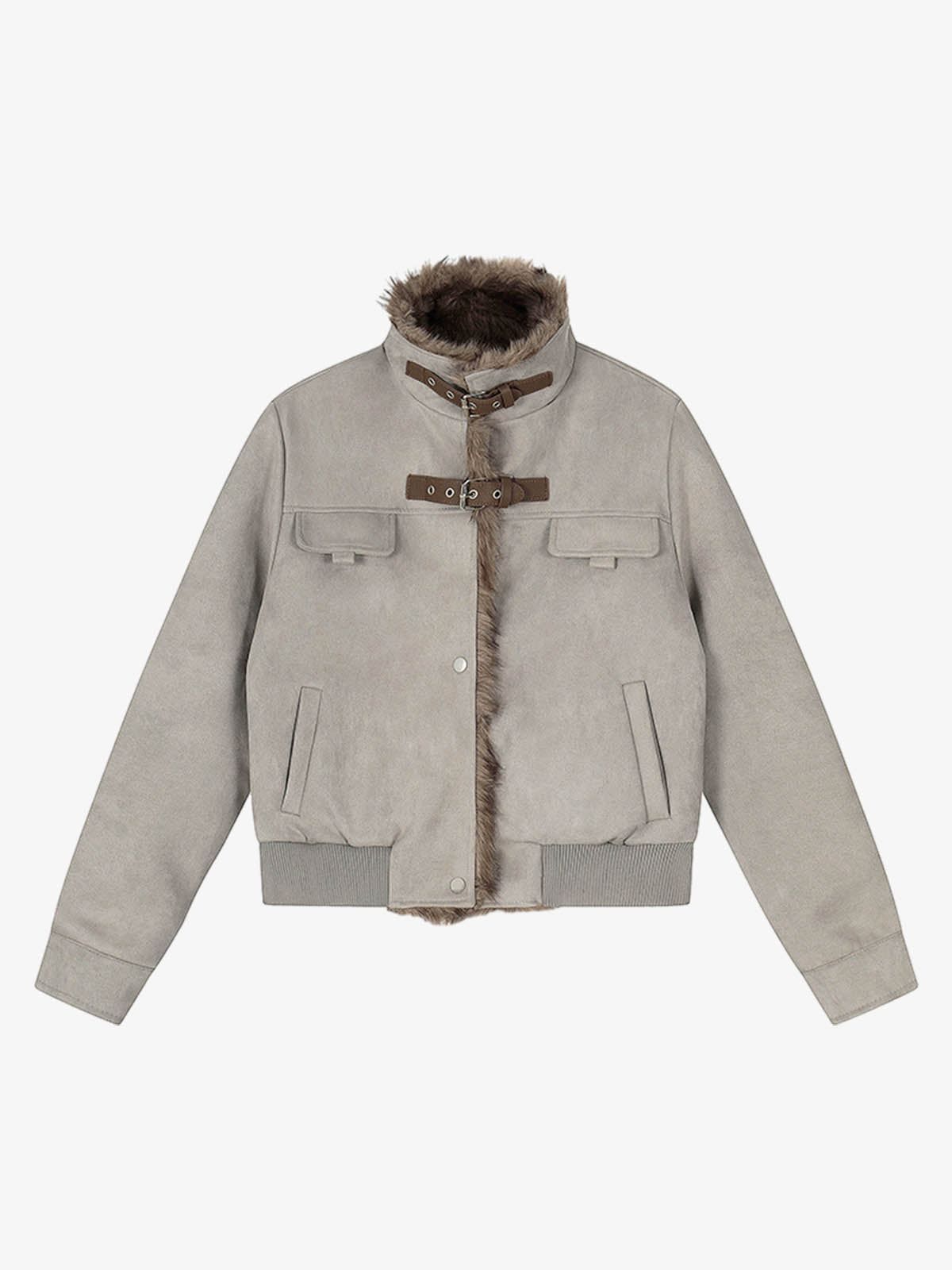 Vintage Suede Faux Fur Lined Buckle Bomber Jacket