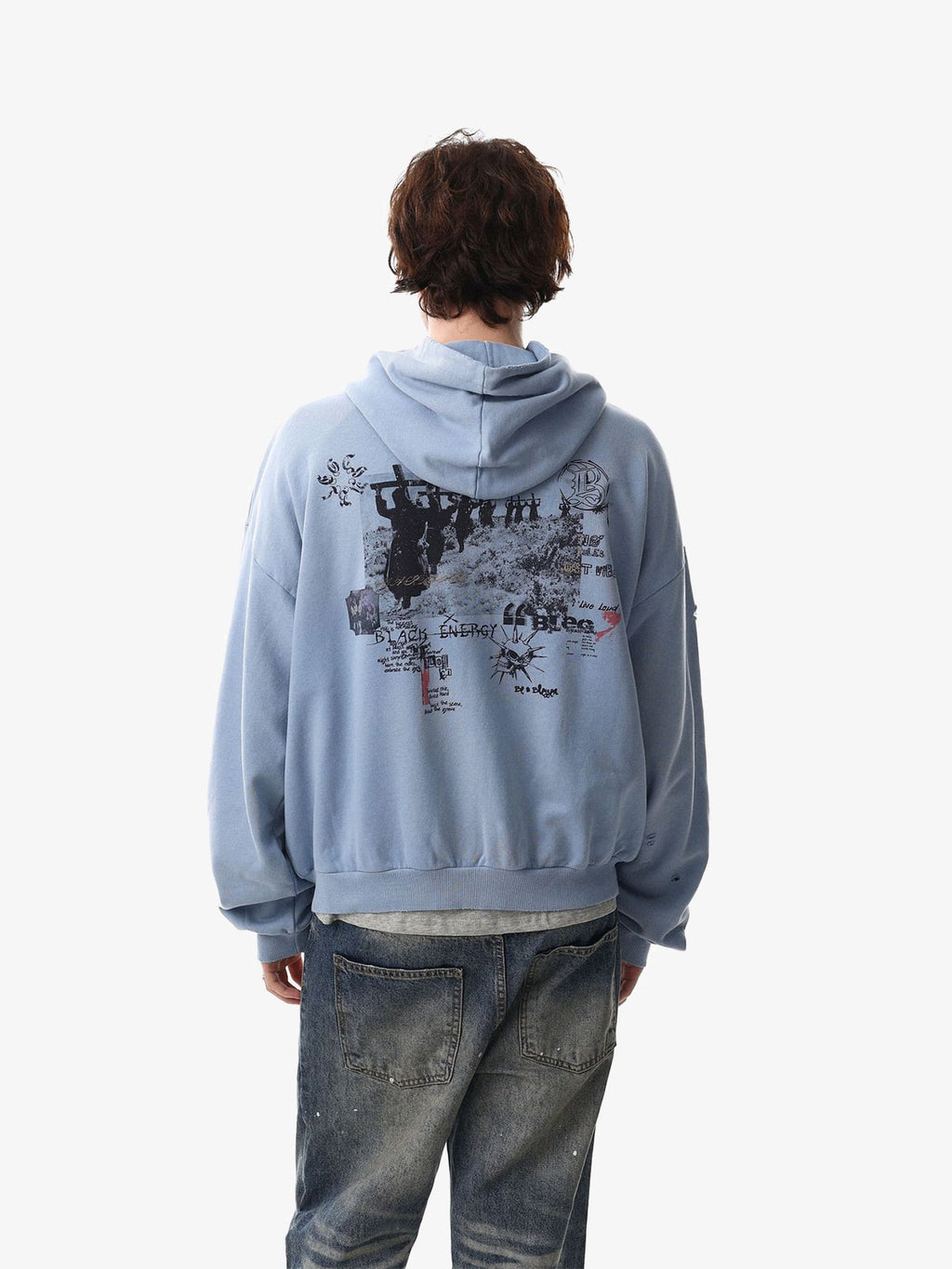 Distressed Graphic Print Zip Up Hoodie