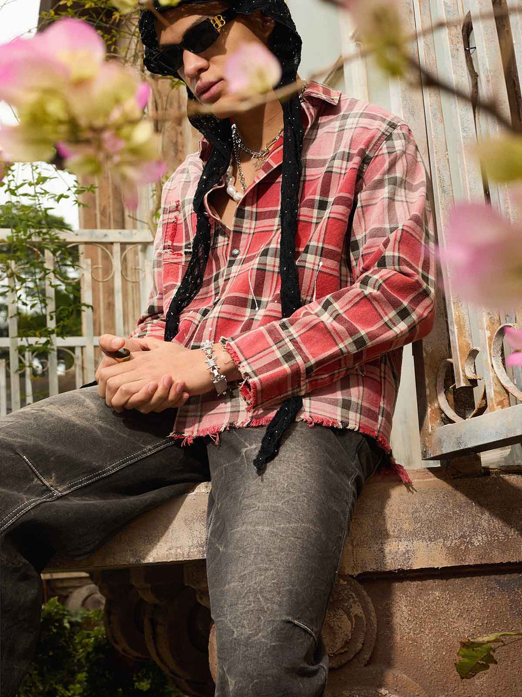 Paint Splatter Plaid Frayed Hem Button Up Shirt