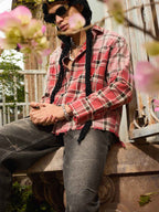 Paint Splatter Plaid Frayed Hem Button Up Shirt