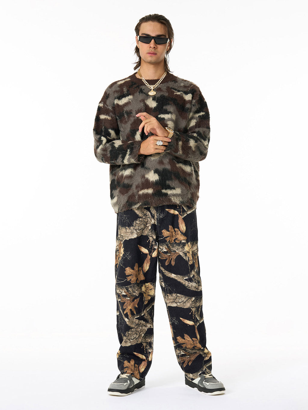 Vintage Washed Distressed Leaf Camouflage Jeans