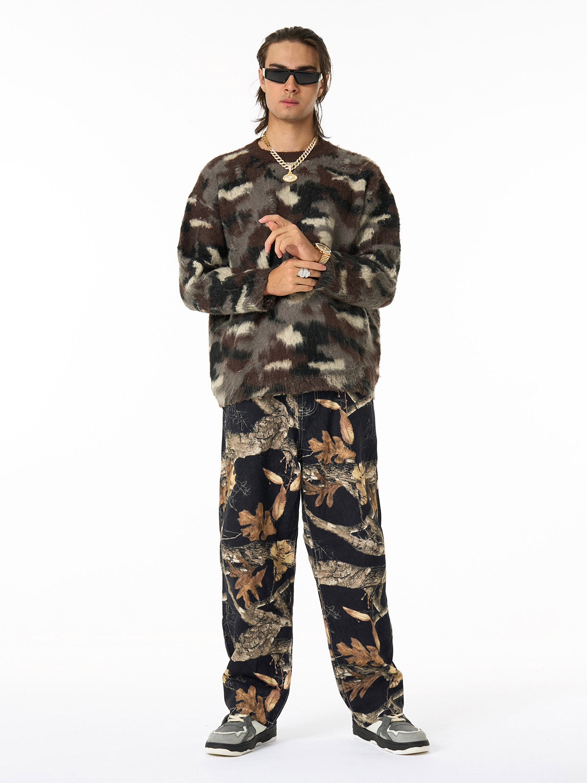 Vintage Washed Distressed Leaf Camouflage Jeans