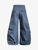 Pleated Panel Curved Leg Cargo Cotton Pants