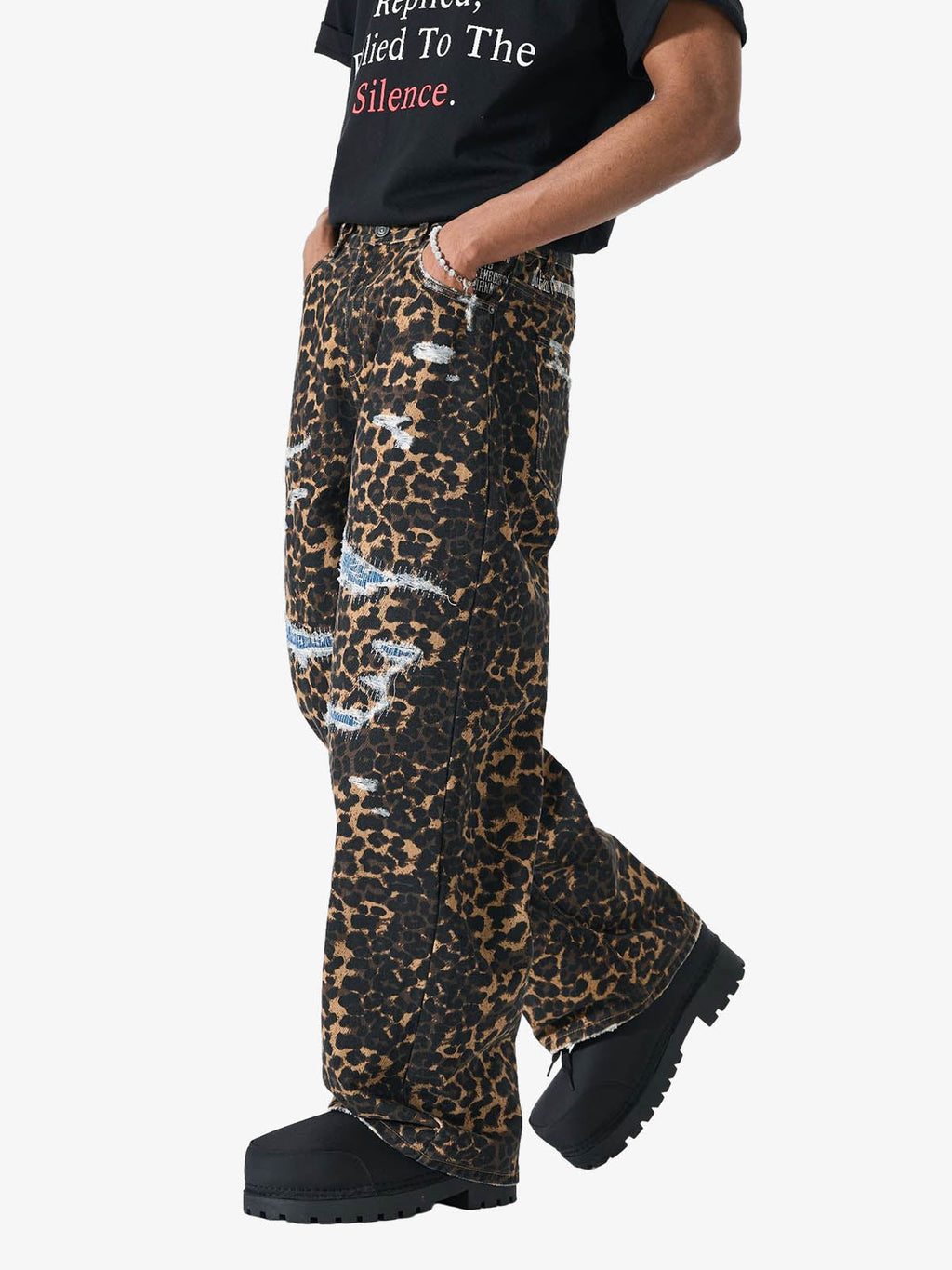 Bold Leopard Print Distressed Wide-Leg Jeans