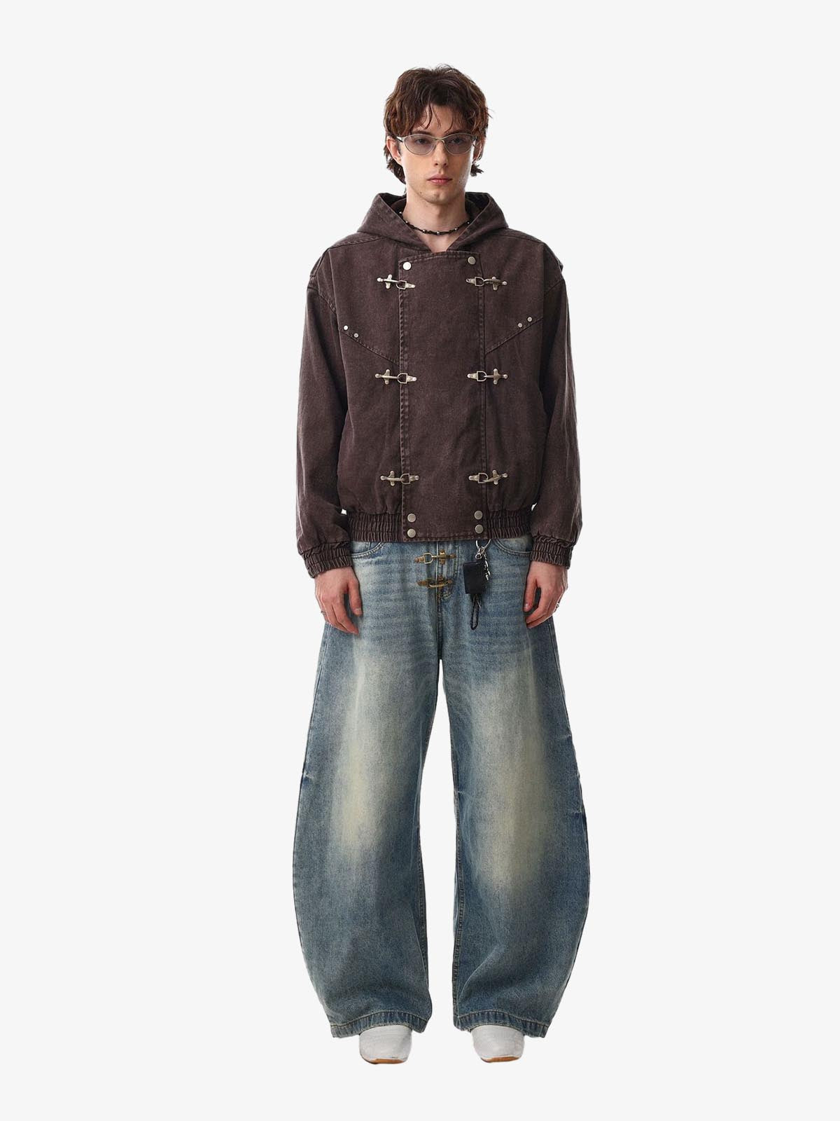 Washed Denim Metal Toggle Clasp Hooded Jacket