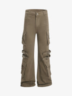 Strap Detail Cargo Flare Cotton Pants