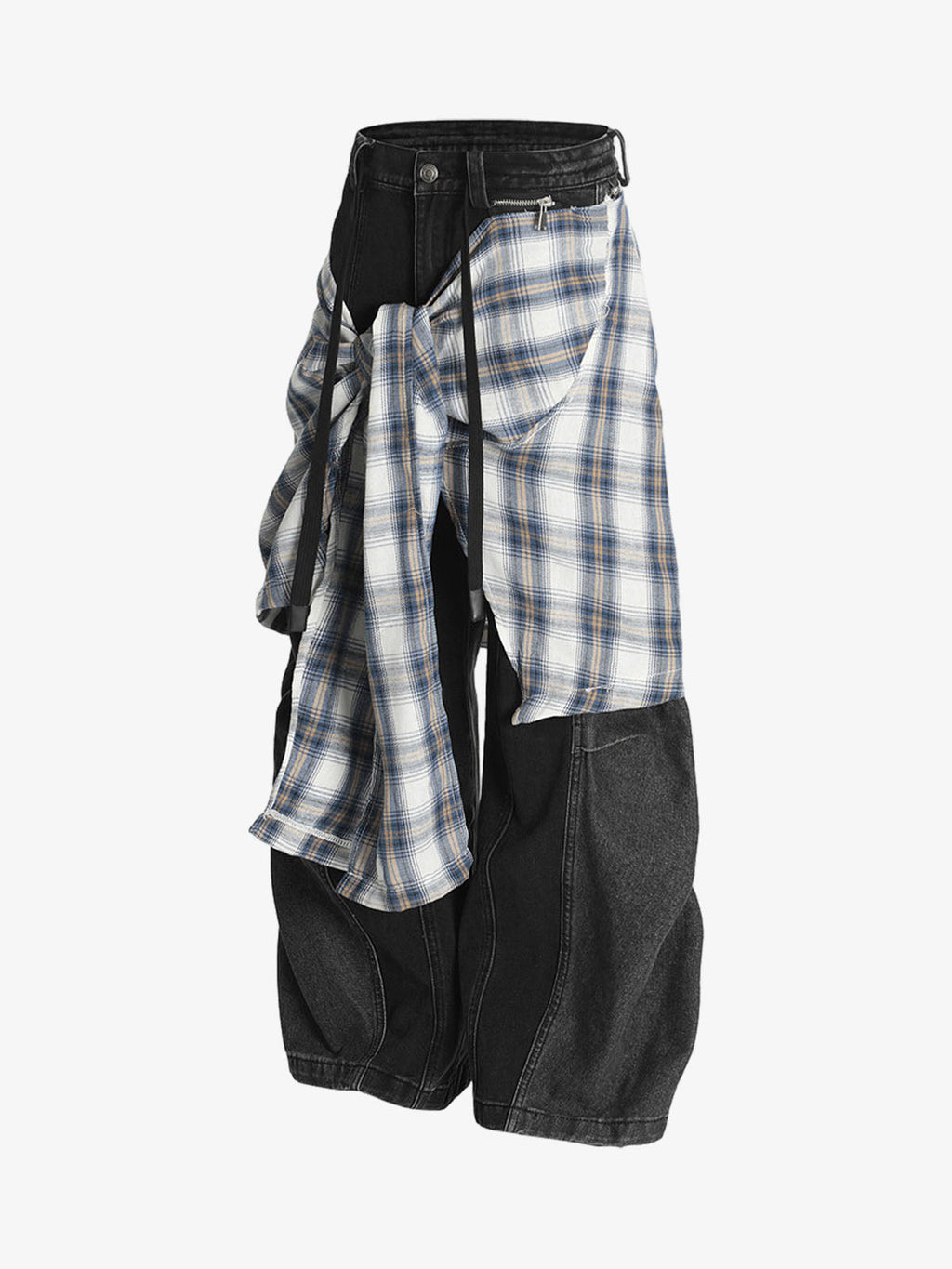 Denim Faux Two-piece Plaid Detachable Scimitar Jeans - 2435