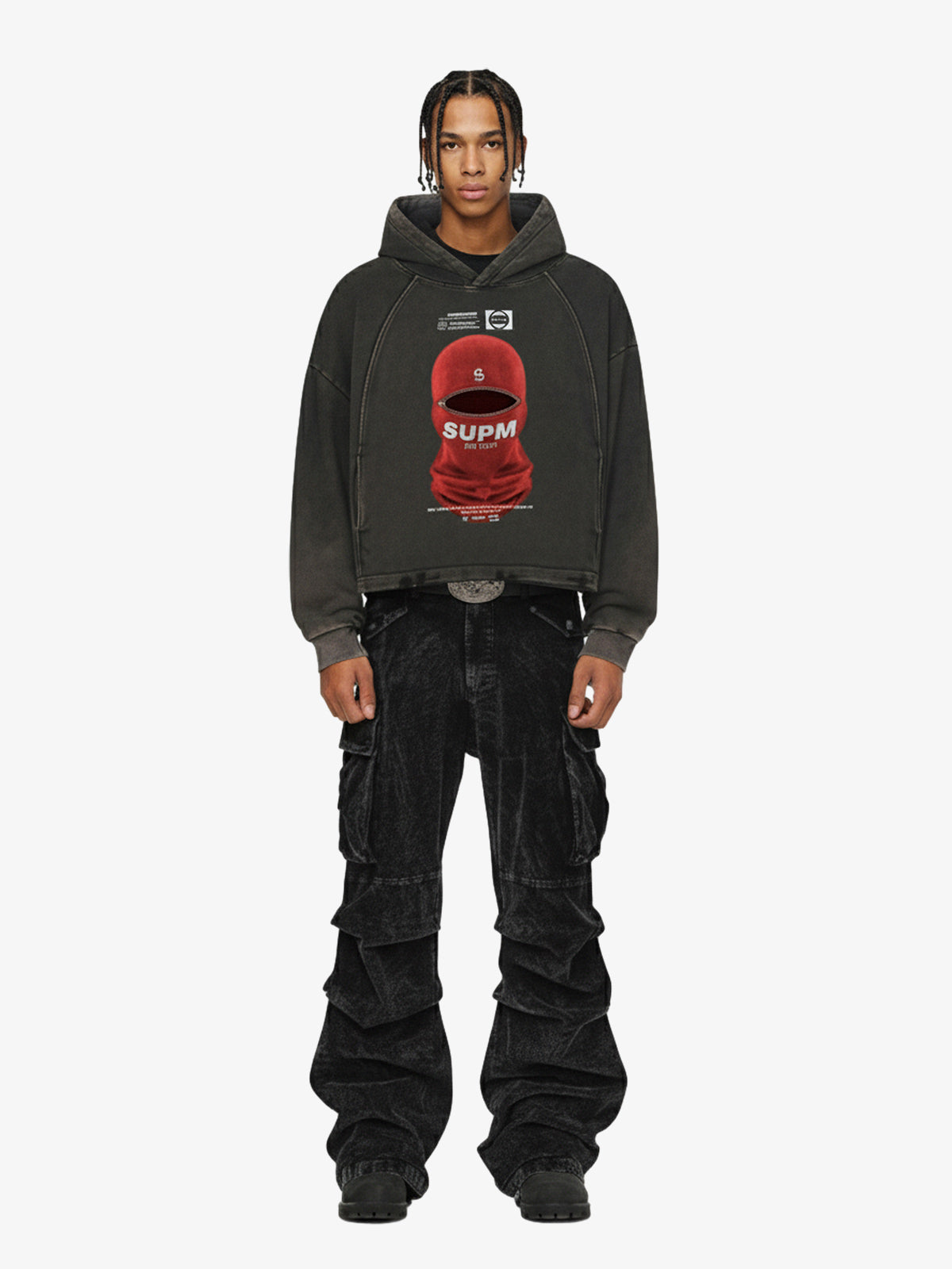 Retro Bandit Hat Graphic Distressed Cropped Hoodie