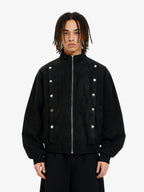 Vintage Stand Collar Metal Button-Structured Bomber Jacket