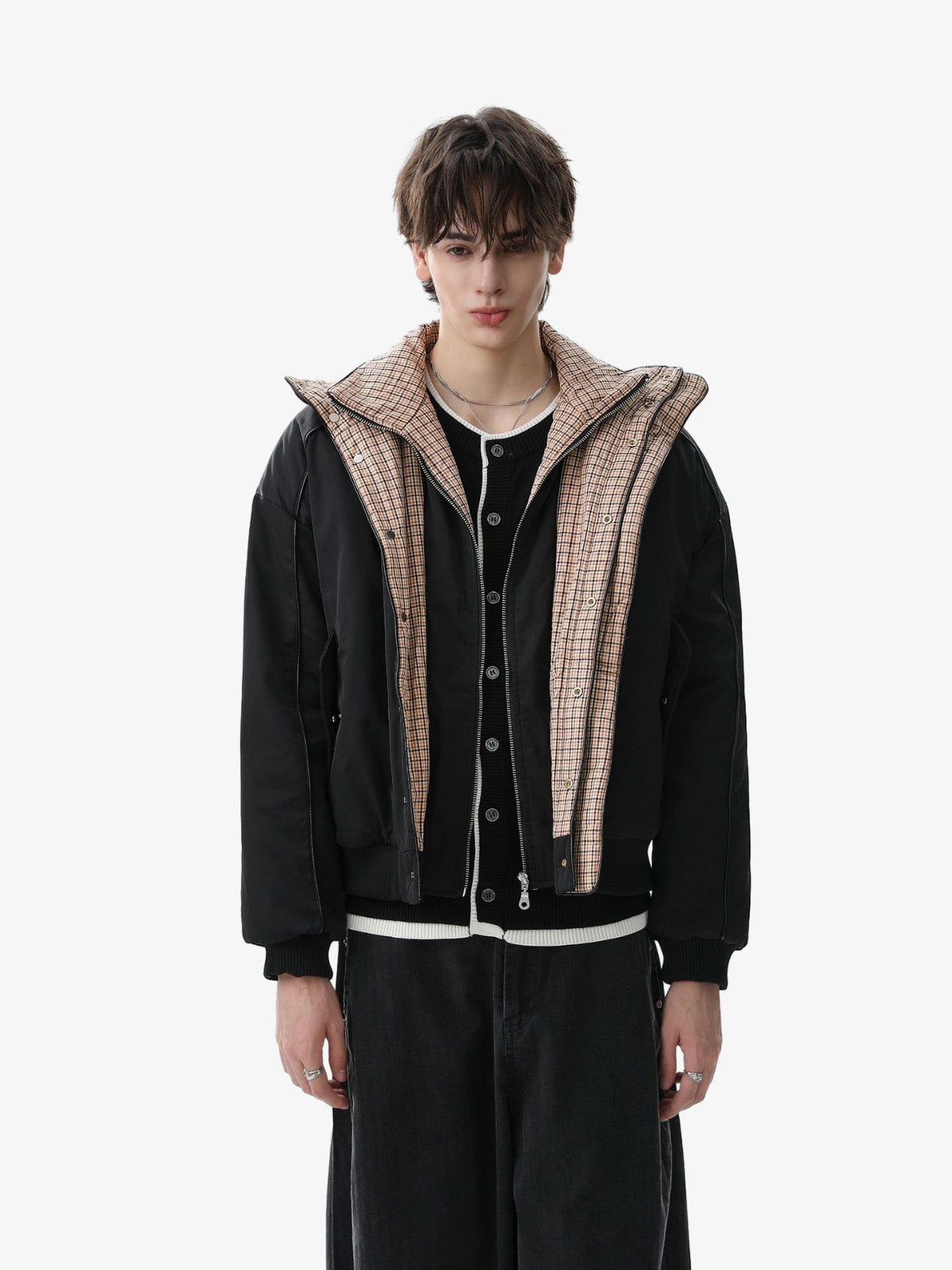 Retro Layered Look Plaid Collar Padded Jacket - 2579