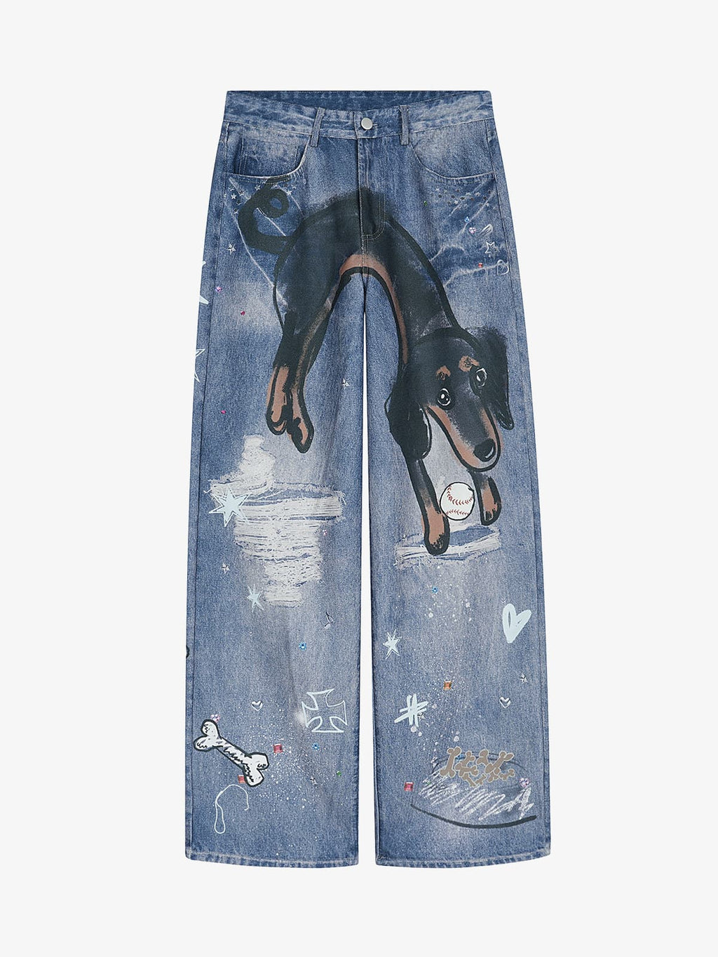 Retro Dachshund 3D Print Washed Distressed Jeans