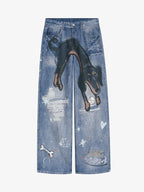 Retro Dachshund 3D Print Washed Distressed Jeans