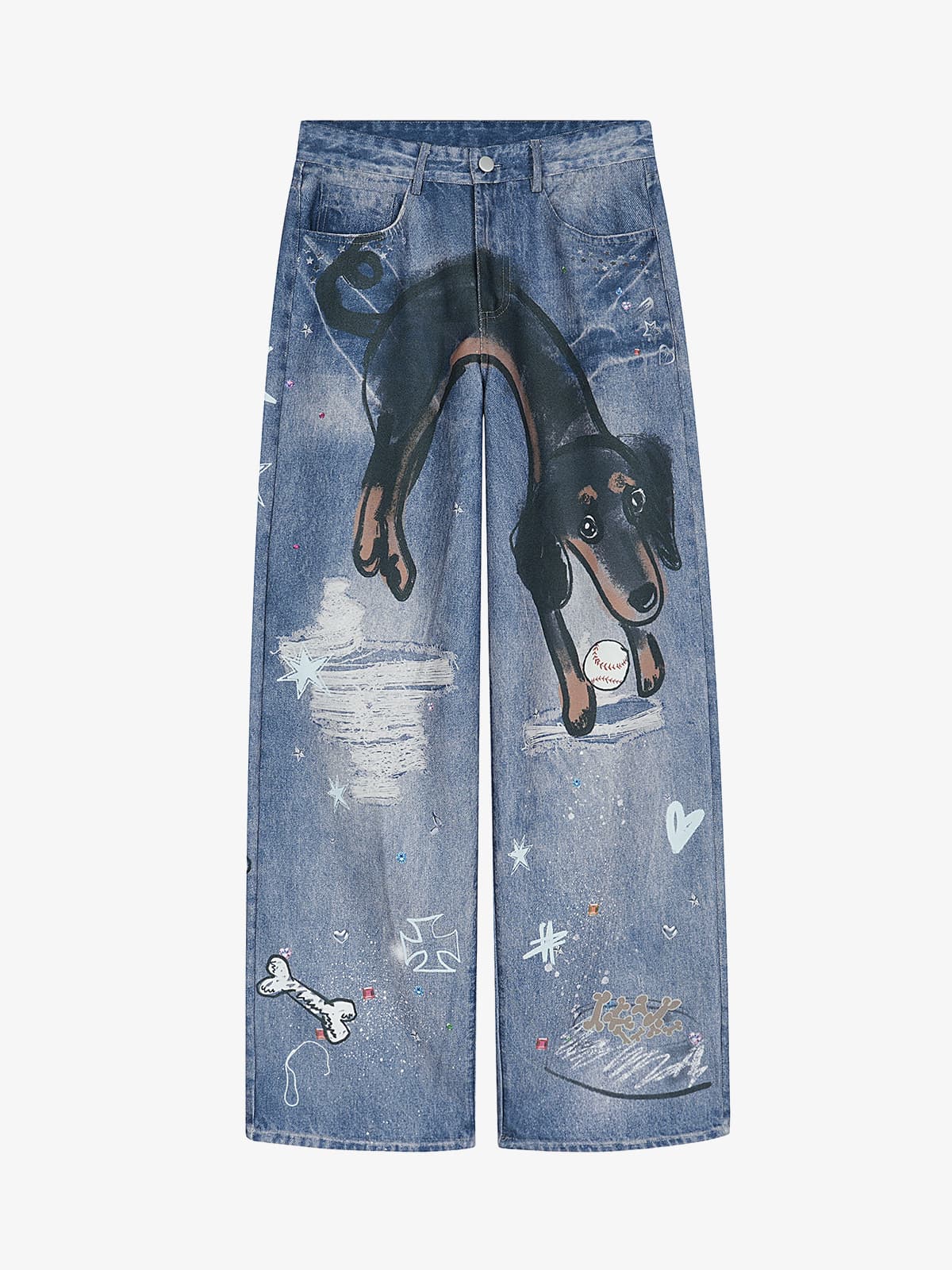 Retro Dachshund 3D Print Washed Distressed Jeans