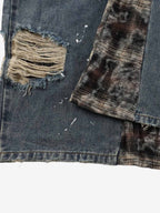 Distressed Plaid Layered Drawstring Wide Leg Jeans