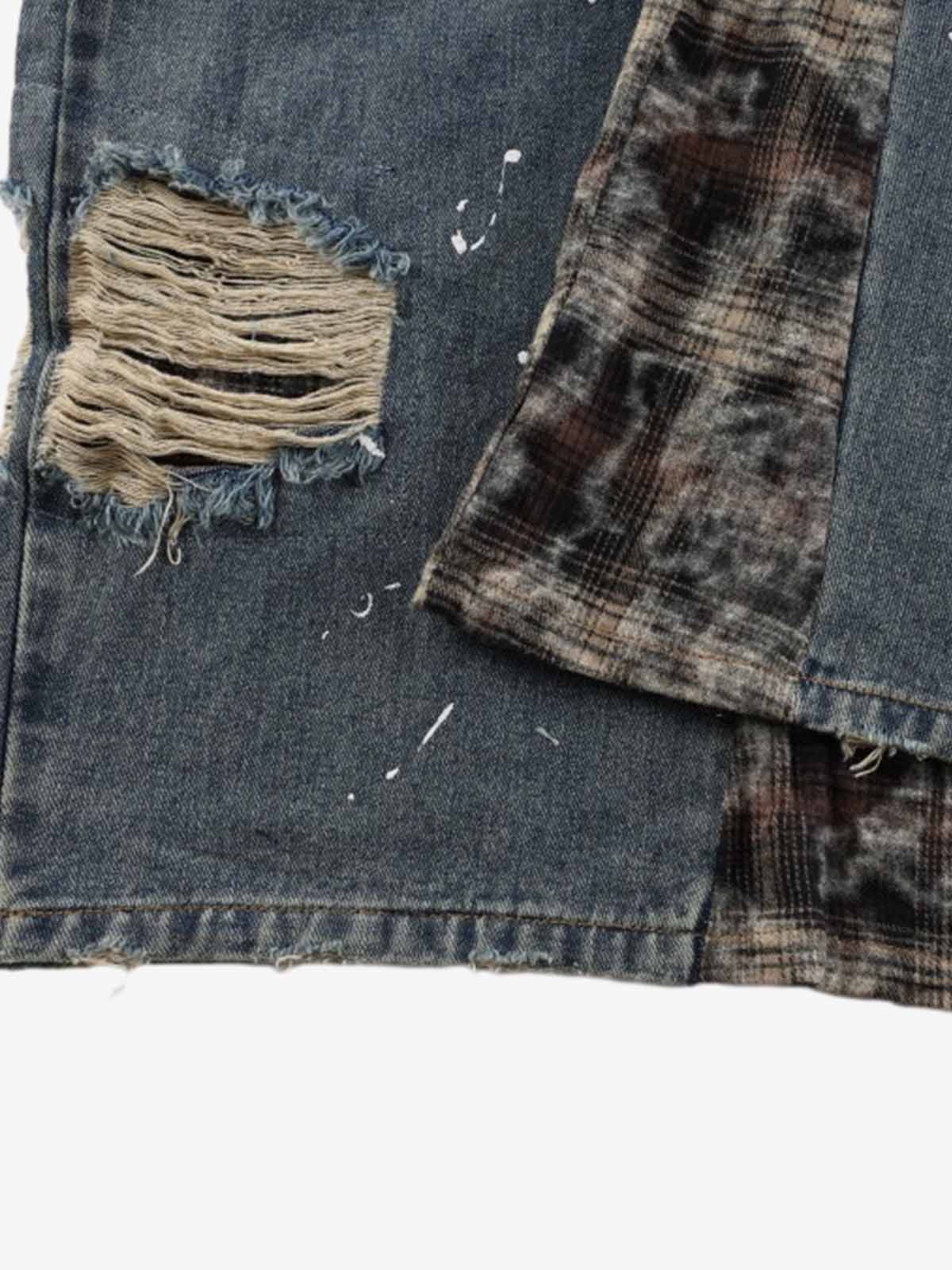 Distressed Plaid Layered Drawstring Wide Leg Jeans