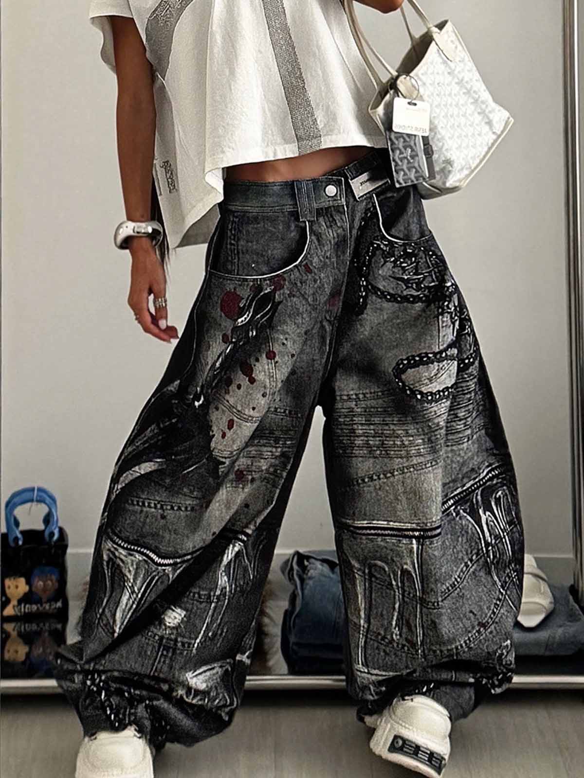 Abstract Graphic Print Wide Leg Barrel Jeans