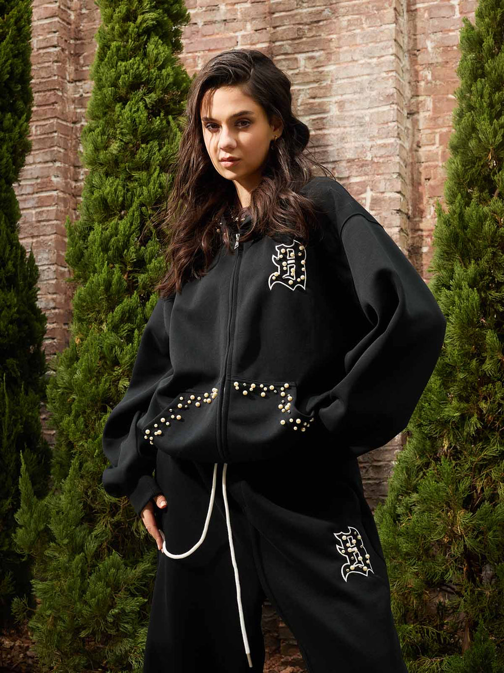 precipice Pearl Embellished Zip Up Set - 2596