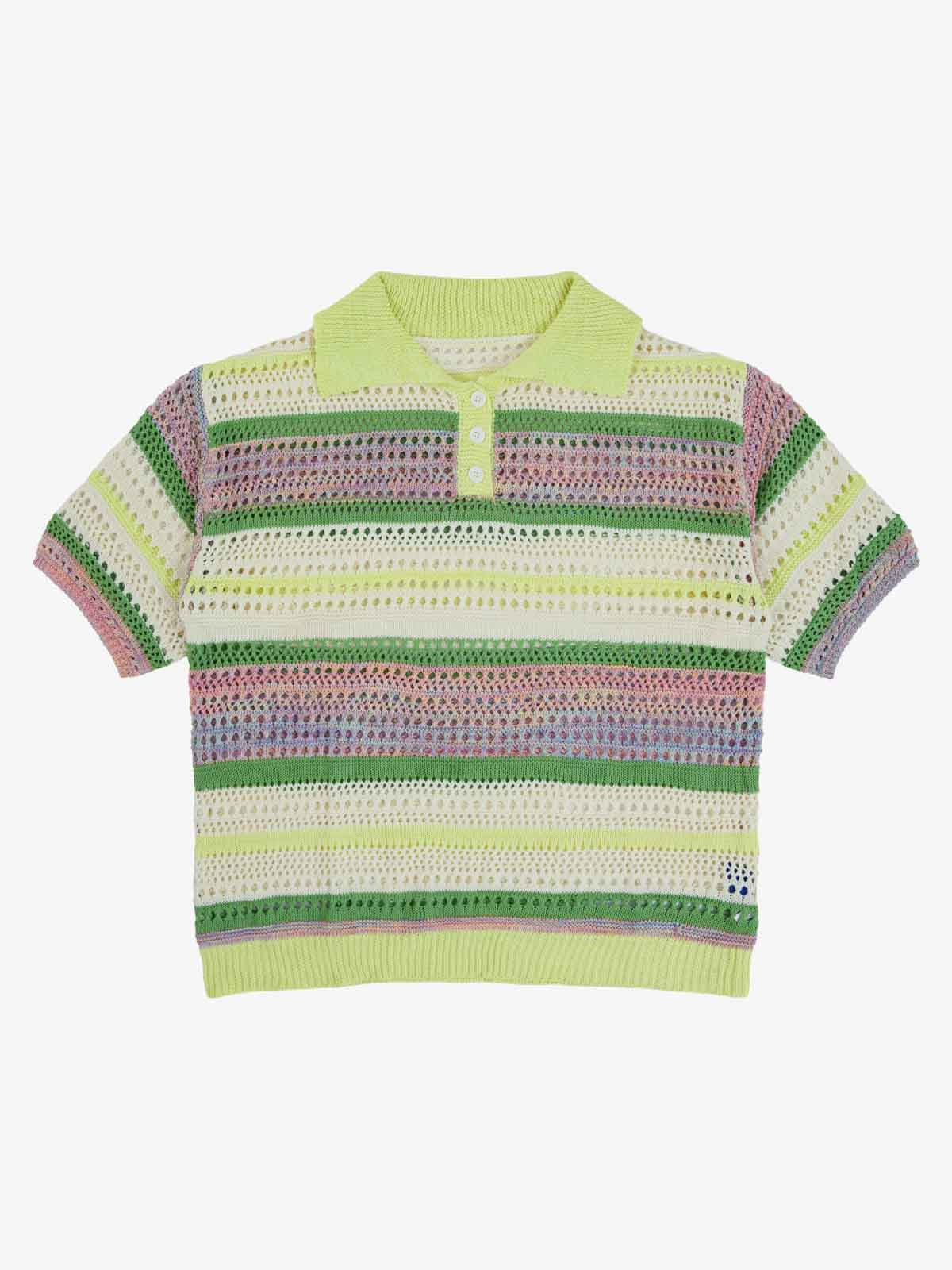 Pastel Striped Crochet Knit Short Sleeve Polo Shirt