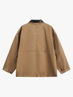 Leather Contrast Fold-Over Collar Multi Pocket Jacket