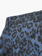 Retro Leopard Print Blue Washed Distressed Jeans