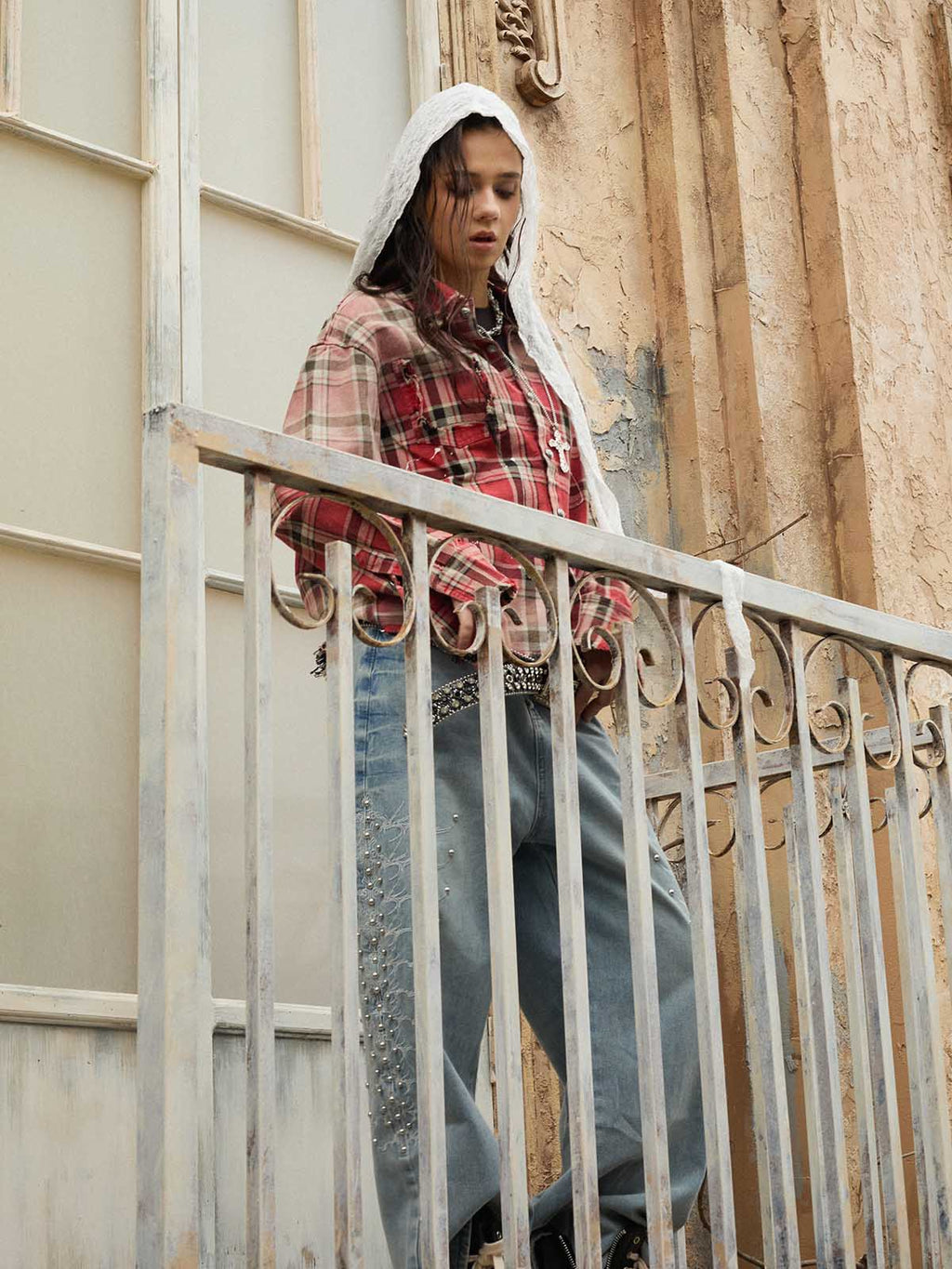 Paint Splatter Plaid Frayed Hem Button Up Shirt