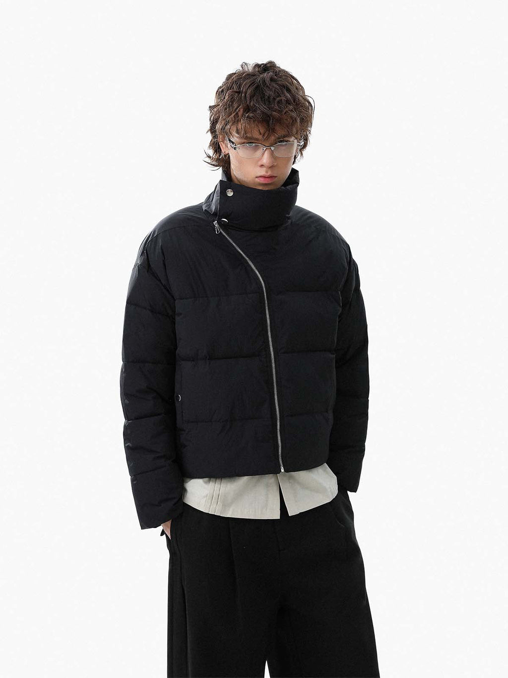 Vintage Asymmetric Zip High-Neck Puffer Jacket
