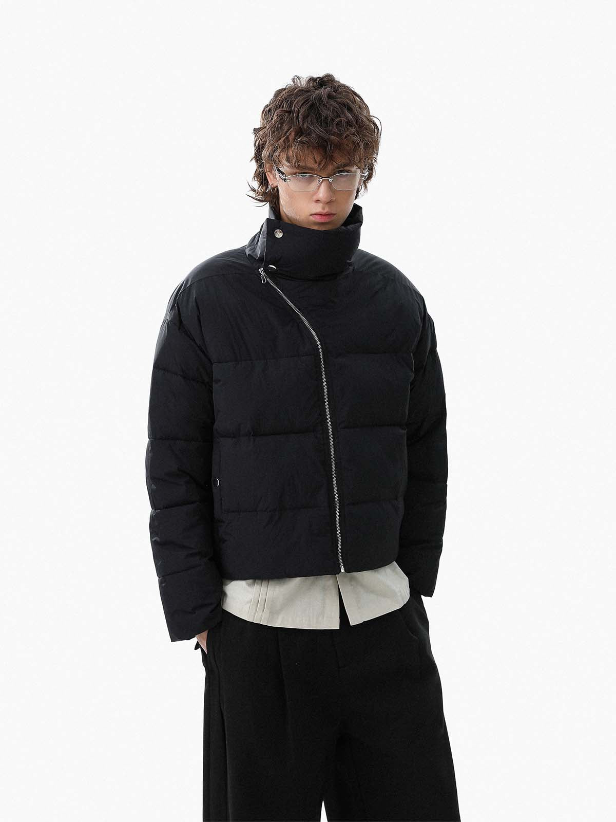 Vintage Asymmetric Zip High-Neck Puffer Jacket