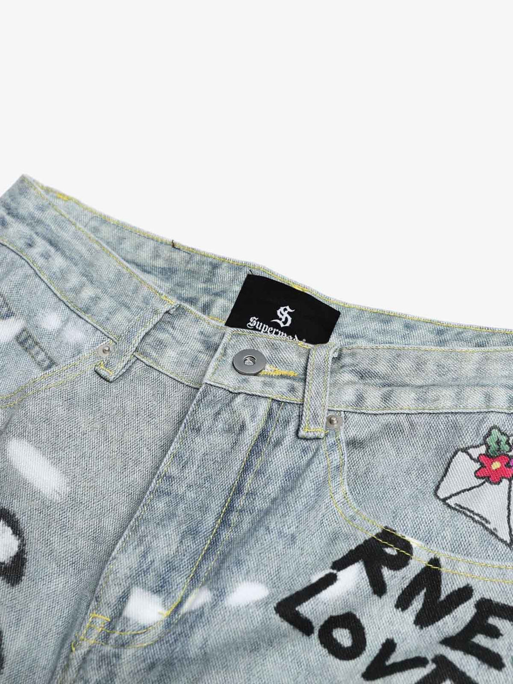 Graffiti Cartoon Animal Print Distressed Wide Leg Denim Jeans