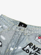 Graffiti Cartoon Animal Print Distressed Wide Leg Denim Jeans