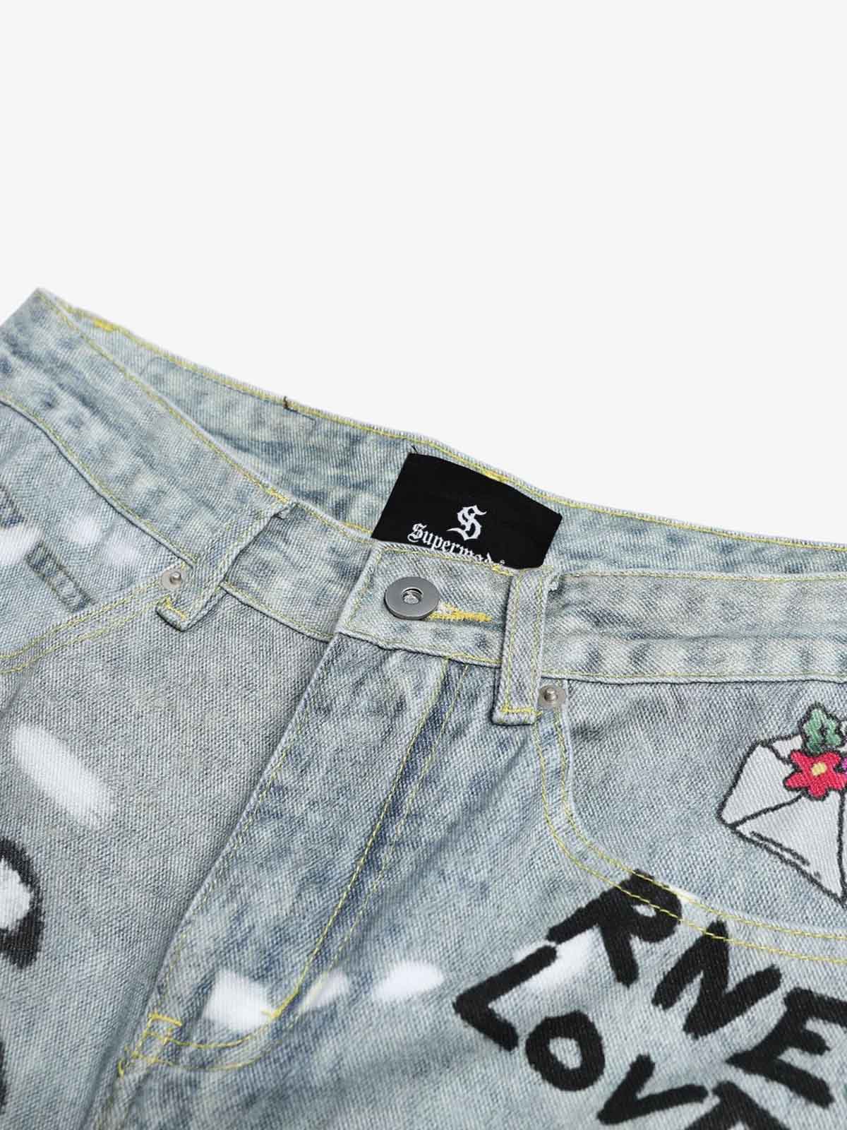 Graffiti Cartoon Animal Print Distressed Wide Leg Denim Jeans