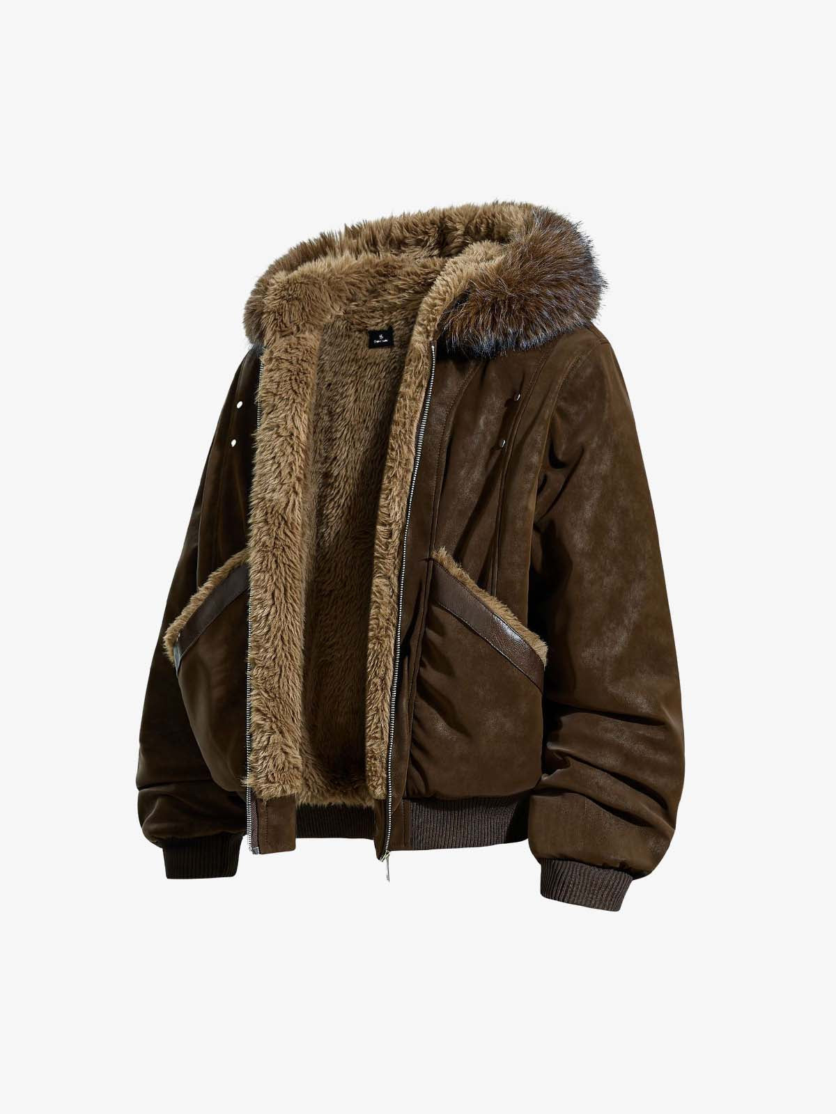Retro Detachable Faux Fur Collar Suede Fleece Hoodie Jacket