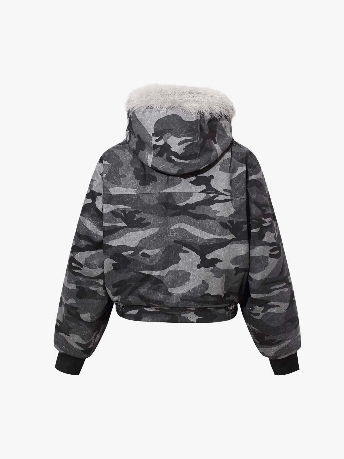 Vintage Camo Faux Fur Hood Padded Bomber Jacket