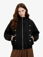 Vintage Stand Collar Metal Button-Structured Bomber Jacket