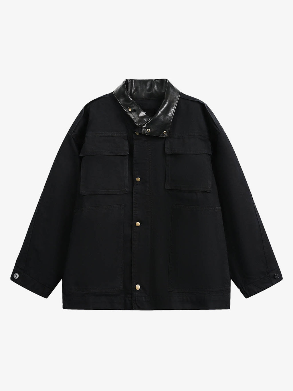 Leather Contrast Fold-Over Collar Multi Pocket Jacket