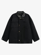 Leather Contrast Fold-Over Collar Multi Pocket Jacket