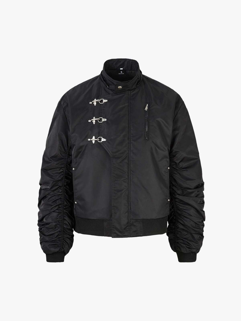 Detachable Faux Fur Collar Ruched Sleeve Bomber Jacket