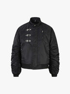 Detachable Faux Fur Collar Ruched Sleeve Bomber Jacket