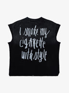 Vintage Distressed Hole Washed Letter Print Sleeveless Knit T-Shirt
