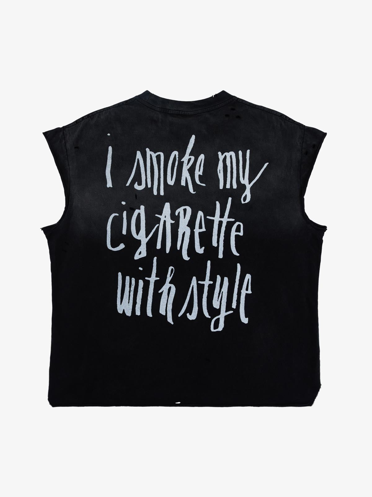 Vintage Distressed Hole Washed Letter Print Sleeveless Knit T-Shirt