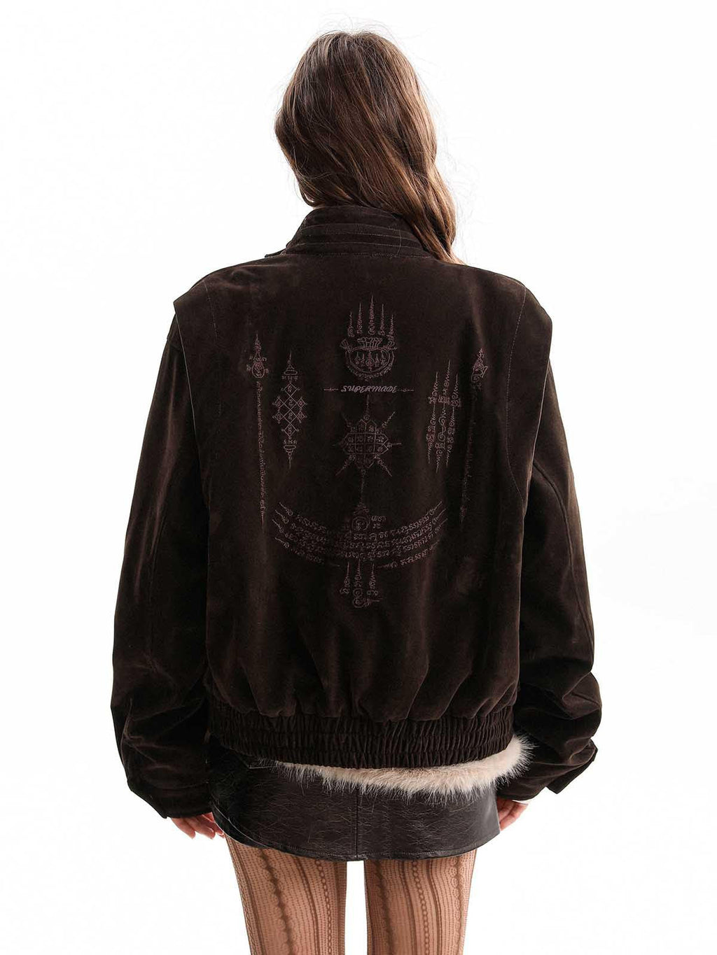 Vintage Suede Embroidered Metal Clip Down Jacket