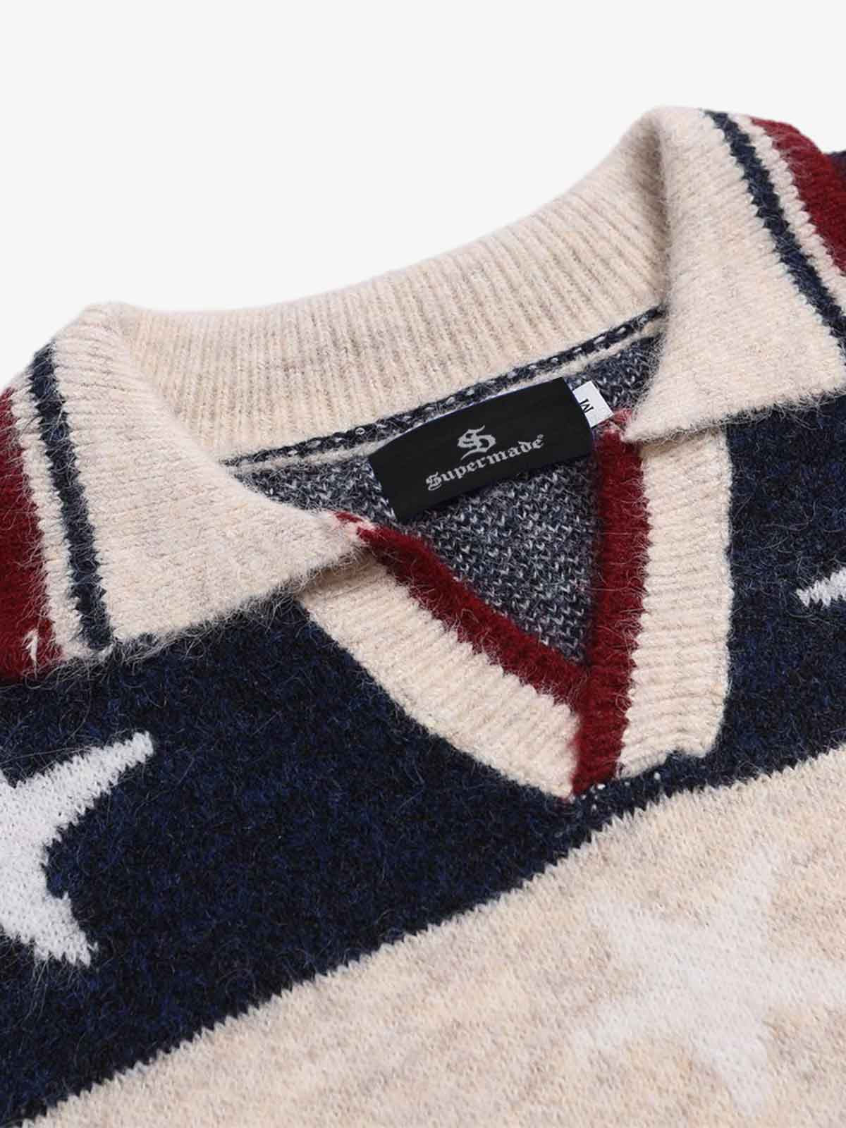 Retro Star Patchwork Striped V-Neck Polo Sweater