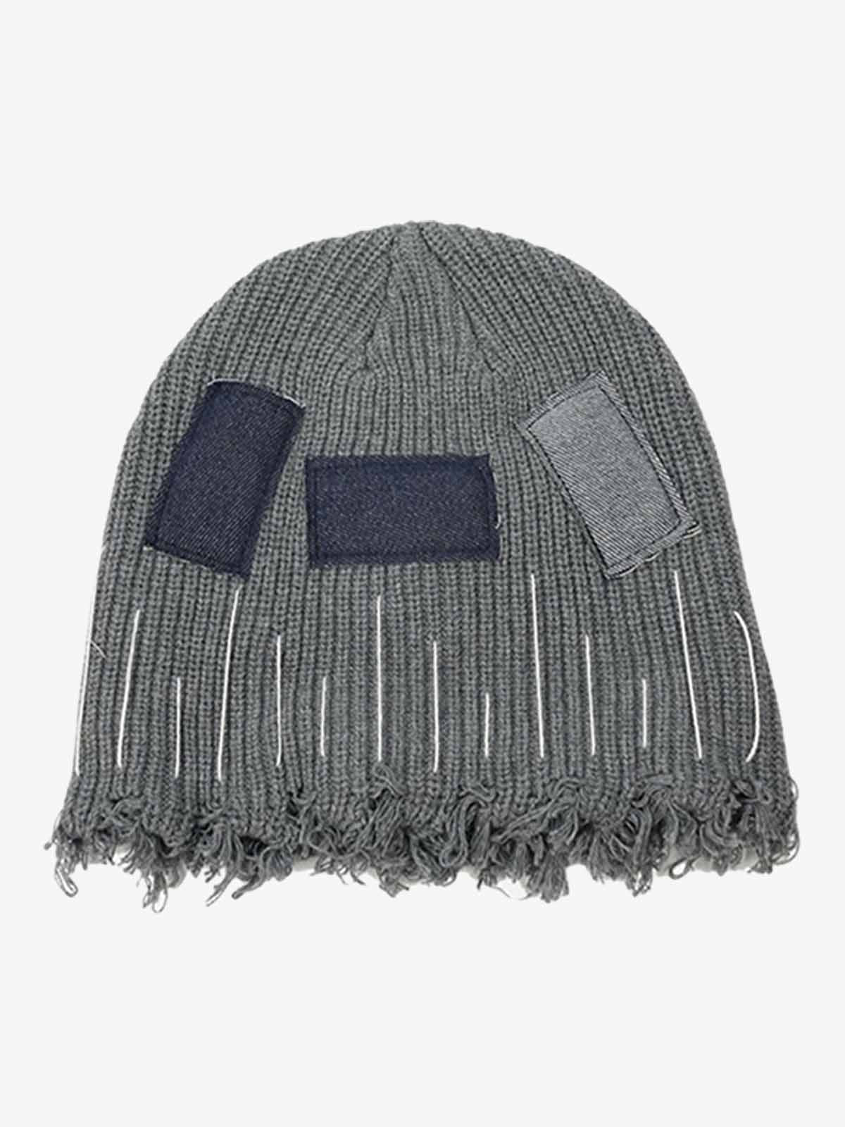 Distressed Denim Patchwork Beanie